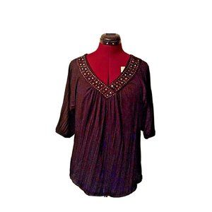 French Laundry Womens Top Size Medium Black  3/4 Sleeve V Neck Embellish…